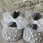 Dollbling Handmade White Pearls Bling Rhinestone Baby Crib Shoes Christening Outfit Wedding Sparkle Organza Baptism 0-3m Shoes
