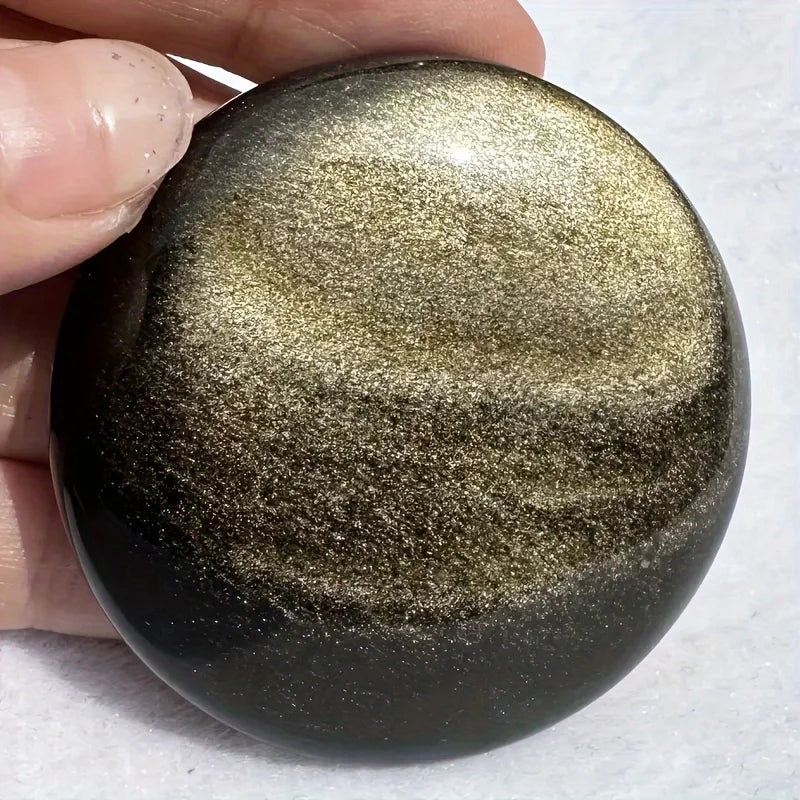 1pc Golden Obsidian Palm Stone - Round Polished Worry Stone with Black & Golden Veins, Home Decor, Collector's Display