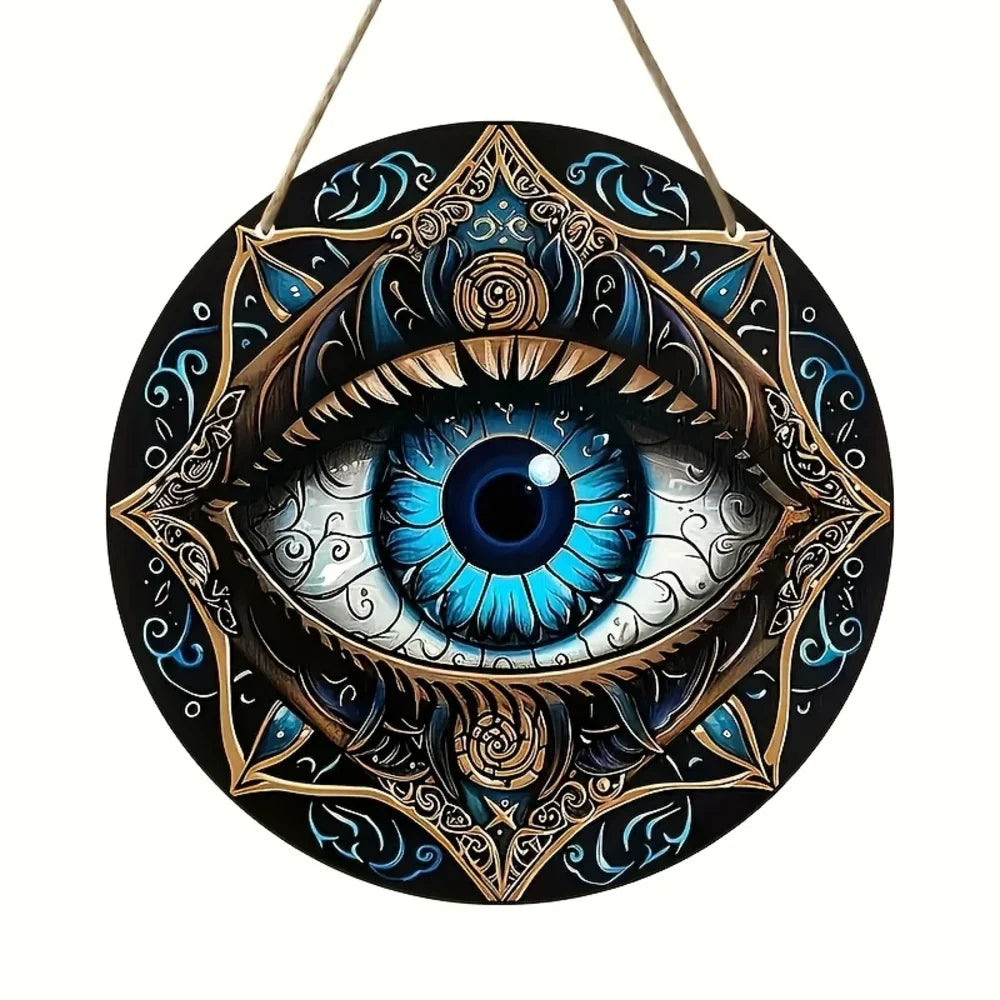 1 piece, "Bohemian style evil eye protection pattern design" round wooden decorative plate, wooden listing, door and window