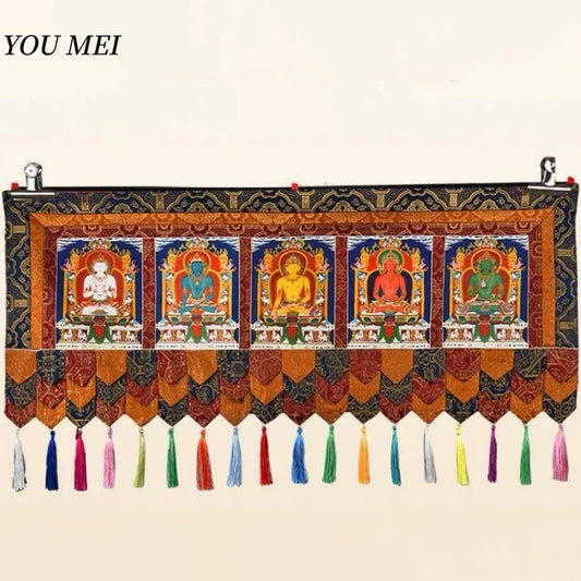 Five Buddha Statues Patterned Tibetan Curtain Flags,Colorful Embroidery Prayer Flag,1m Buddhist Item Hall Floral Hanging Curtain
