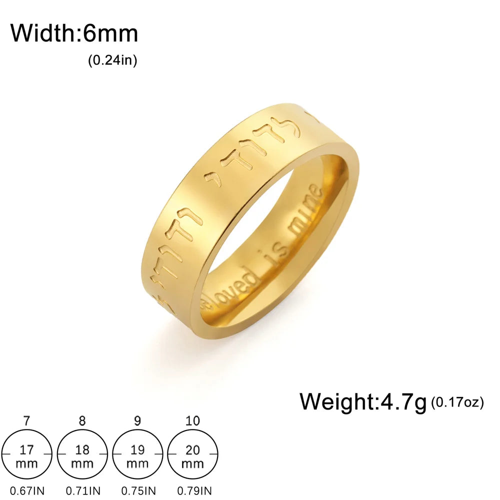 EUEAVAN Jewish Hebrew Blessing Ring Stainless Steel Beloved is Mine Hebrews and English Finger Rings Couple Amulet Jewelry Gifts