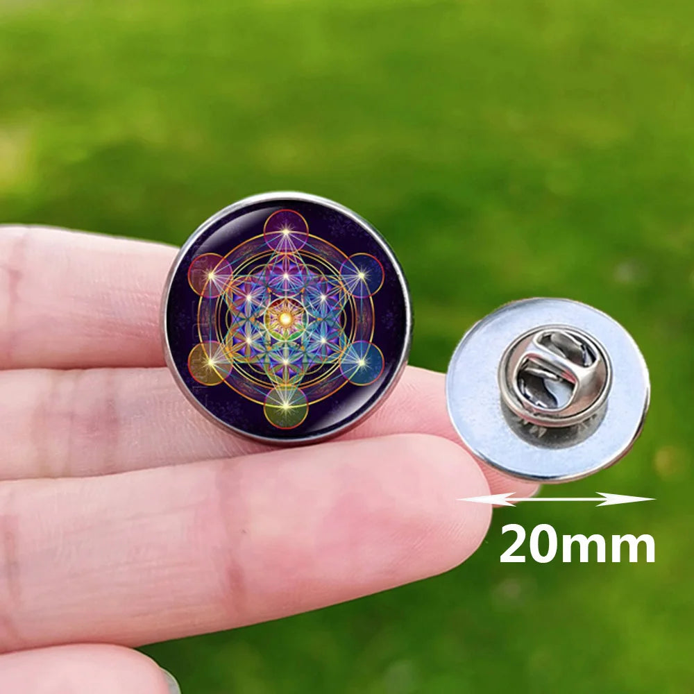 Metatron Cube Stainless Steel Pin Badge Sri Yantra Sacred Geometry Glass Brooch for Men Women Bag Decoration