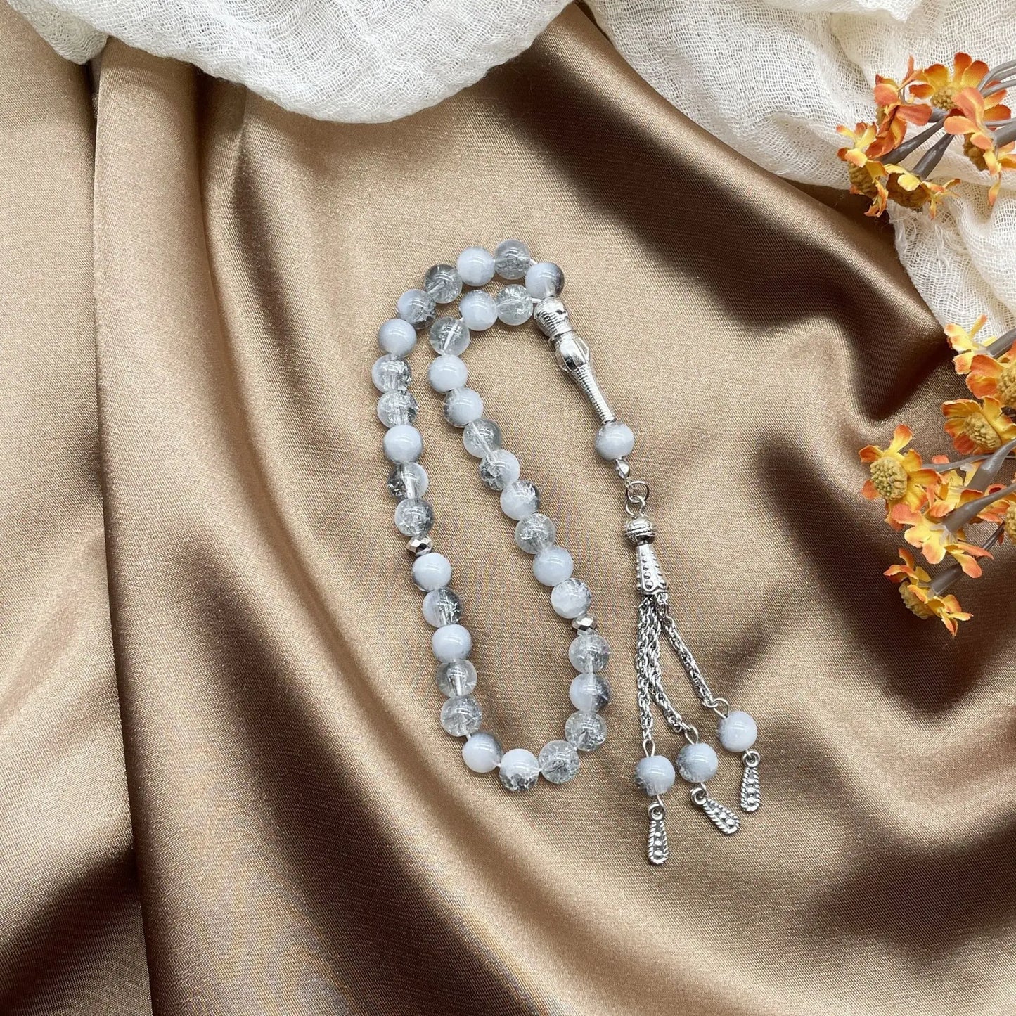 New 33 Beads 8mm Cracked Glass Tasbih, Muslim Prayer Beads for Daily Worship, Ramadan Holiday Gift for Women