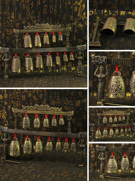 Chinese Old Meditation Gong with 7 Ornate Bell with Dragon Design Chinese Musical Instrument Bronze Metal Handicraft Home Decor