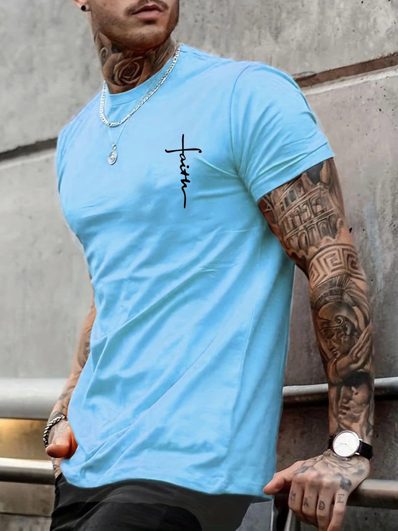 Summer men's 100% pure cotton casual loose fit plus size cross faith pattern printed round neck short sleeved T-shirt top