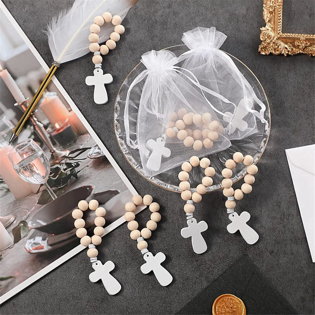 New 36Pcs Wooden Rosary Rosary Beads with White Mesh Bags for Baptism First Communion Confirmation Baby Shower Bridal Shower