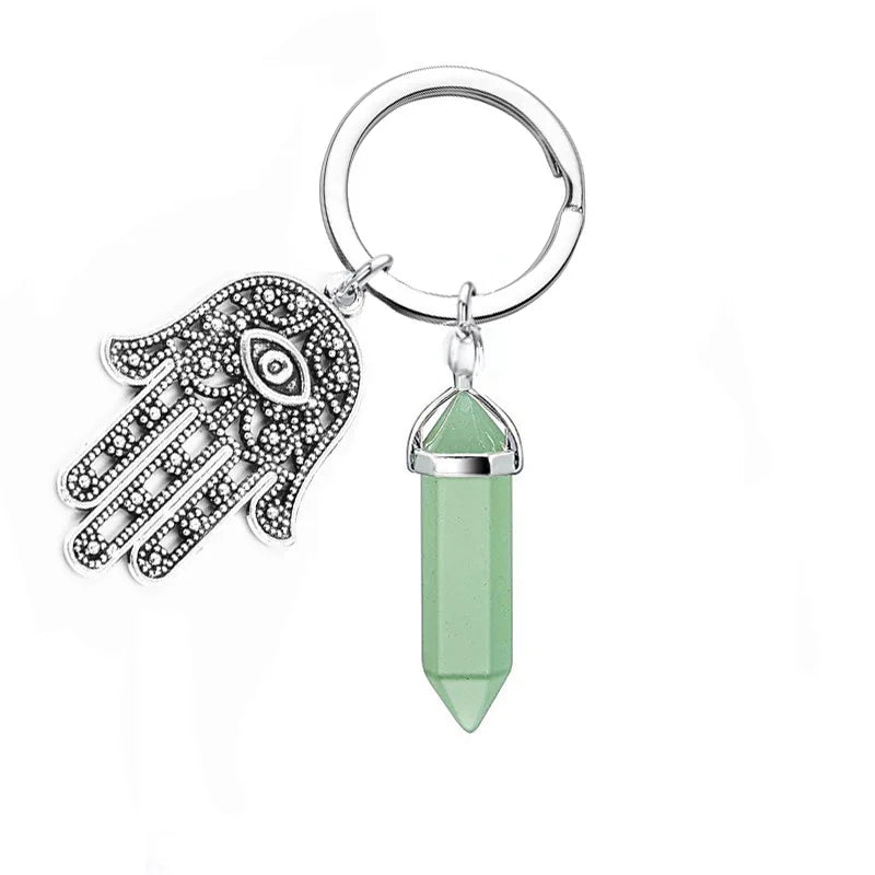 1Pc Natural Stone Crystal Points Keychain with Hamsa Hand Evil Eye Charms Reiki Energy Good Luck Amulet for DIY Jewelry Making