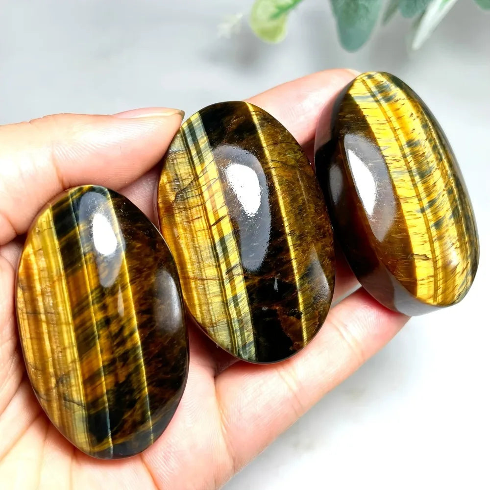 Natural Crystal Palm Tiger Eye Ellipse Stone Deep Blue & Golden Stripes Compress Massage Palm Reiki Healing worry Fingertip Toy