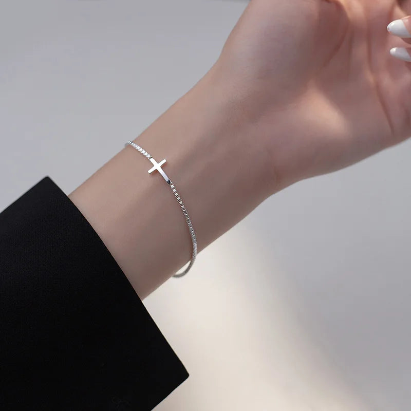 TrustDavis 925 Solid Sterling Silver Womens Luxury Cross Bracelet for Women Men Daugther Birthday Fine S925 Jewelry Set DS3976