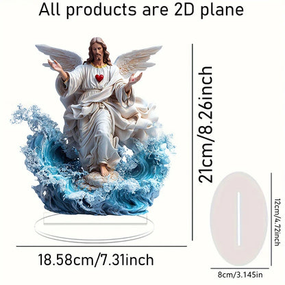 S-1Pc Sacred Heart Of Jesus Angel Acrylic Ornament - Traditional Religious Art Decor with Base for Home Desktop Display