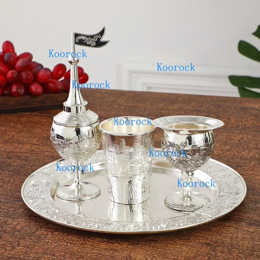 Kiddush high foot cup and tray, Havdalah candle holder, Besamim spice box Havdalah 4pcs set, suitable for the end of the Sabbath