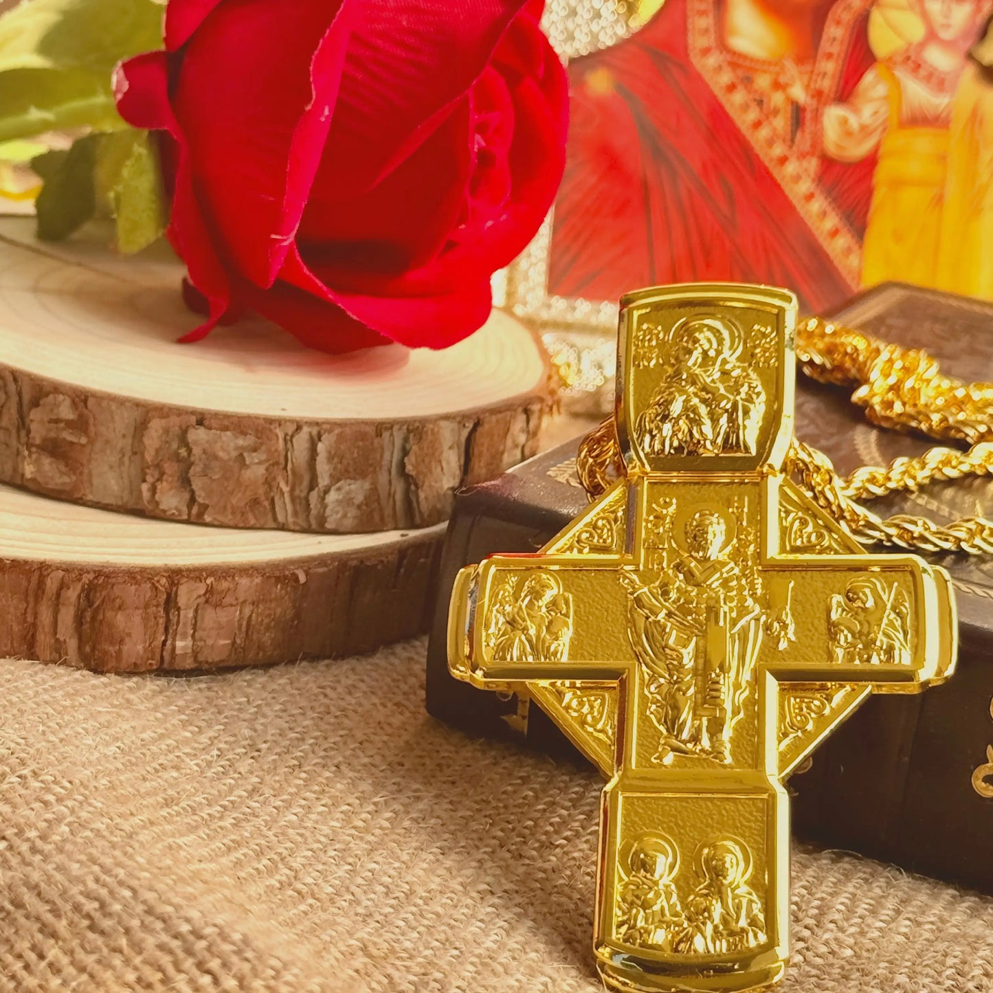 Gold Plated Orthodox Cross Necklace Engraved Saint Icon Pattern Religious Pendant for Christian Prayer Church Jewelry and Faith