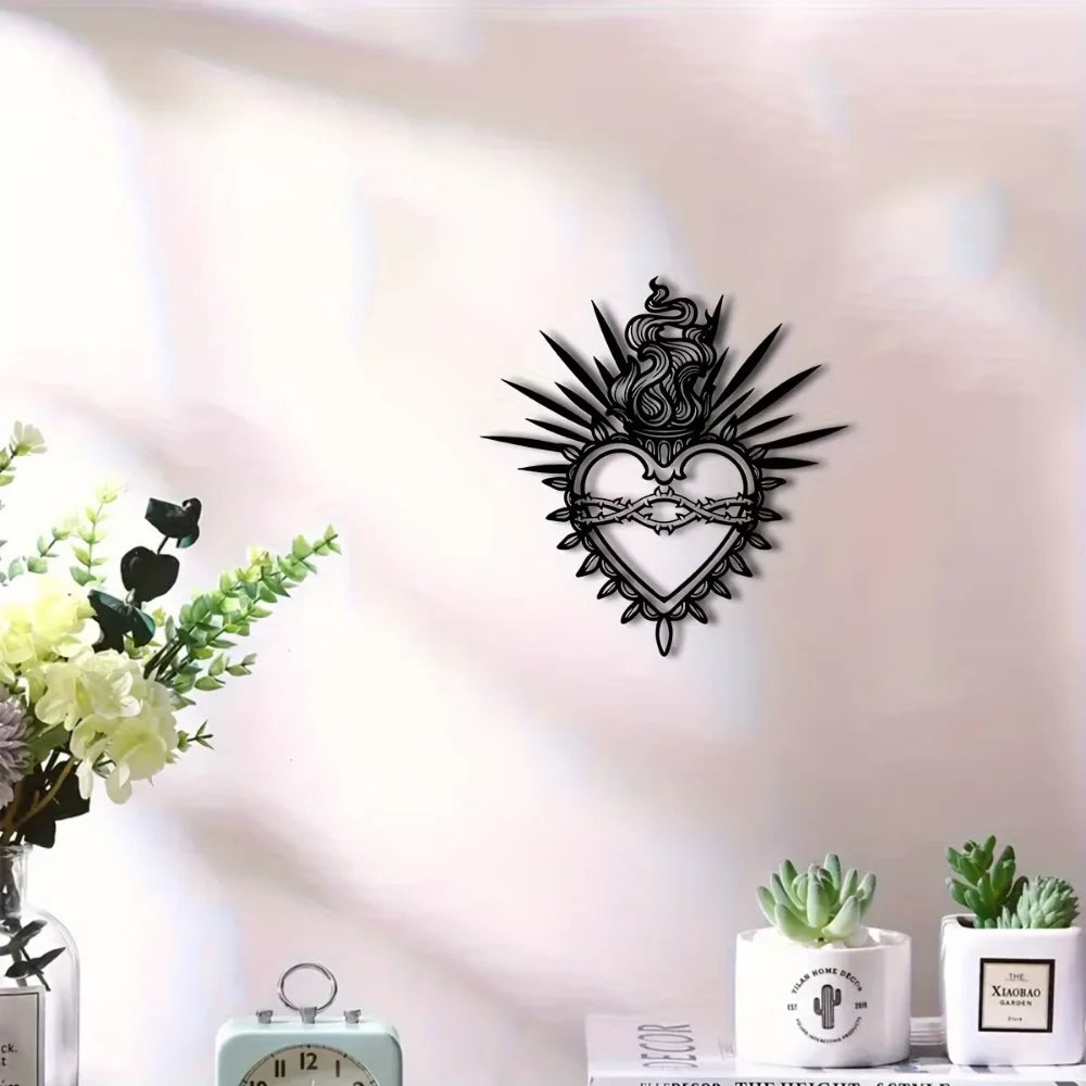 Sacred Heart Metal Wall Art Religious Figure Christ with Sacred Words Verses Decoration for Faith Home Living Room