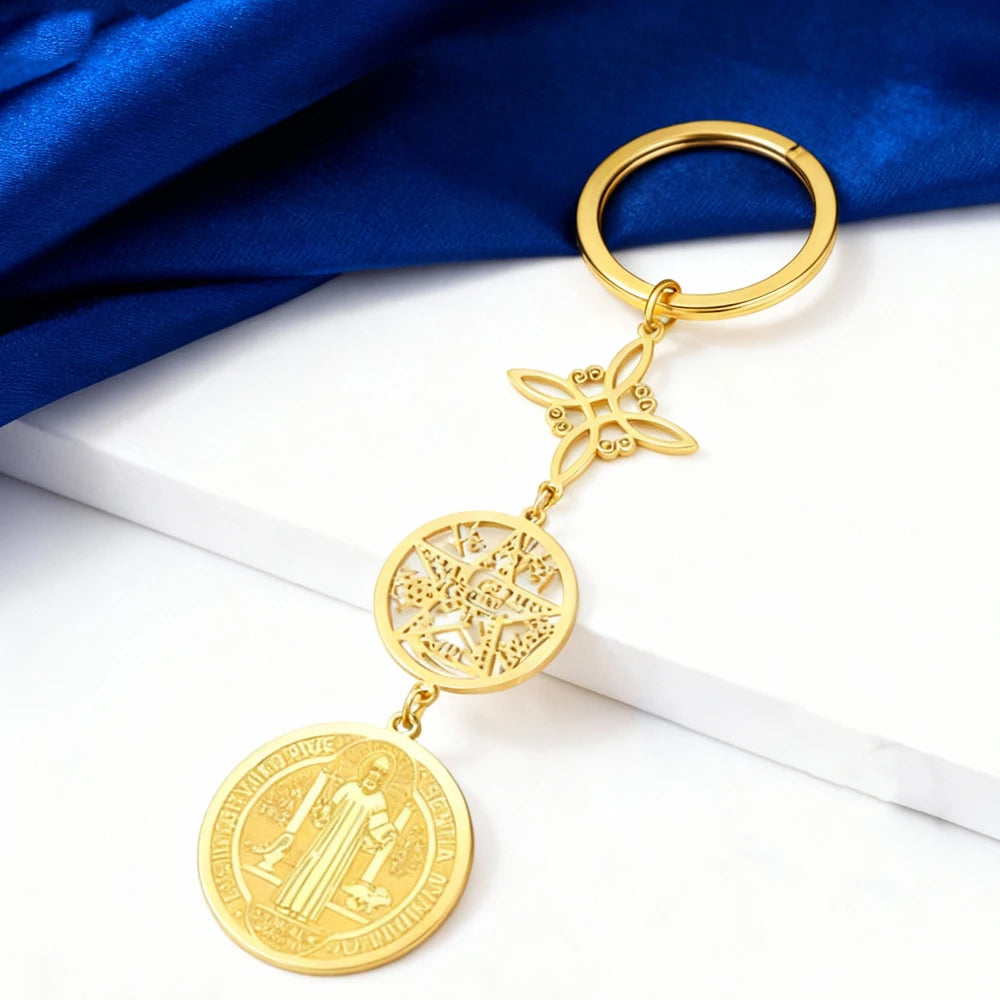 Triple Protection Pendant Keychain with Witch Knot and St Benedict Exorcism Medal Pentagram Tetragrammaton Keyring Amulet