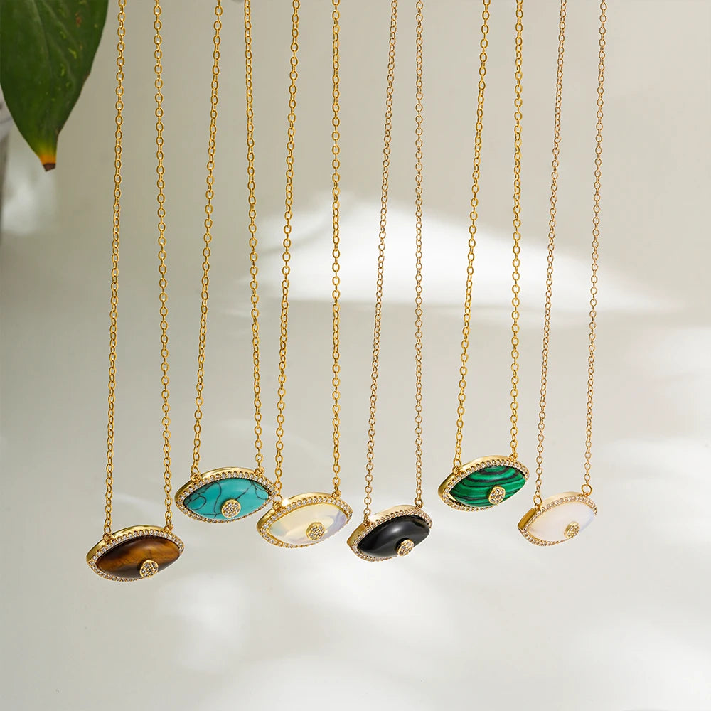 Luxury Natural Stone Evil Eye Pendant Necklace Inlaid Zircon Fashion Stainless Steel Clavicle Chain Jewelry Party Gift for Women