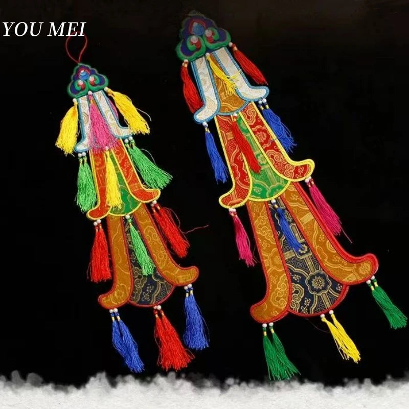 Nepal Handmade Hexagonal Tassel Flag,Colorful Tibetan Embroidery Decorative Handicrafts,Auspicious Hand Drum Flags Buddhist Item