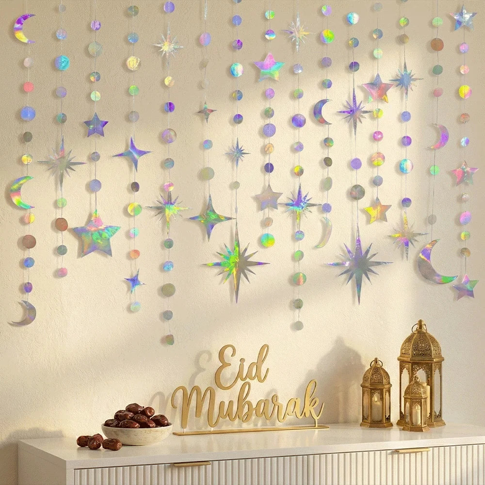 Iridescent Star Moon Circle Dot Hanging Garland Ramadan Eid Mubarak Decoration Twinkle Wedding Baby Shower Birthday Party Decor