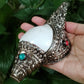 Handmade Nepal Silver Conch Shell Trumpet Indian Chank Tibetan Turquoise Coral Inlay Horn Trumpet Statue for Pooja Decorative