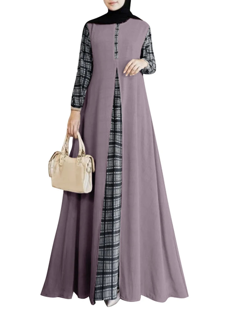 2024 ZANZEA Autumn Long Sleeve Plaid Checked Muslim Sundress Women Patchwork Maxi Dress Robe Femme Eid Mubarek Hijab Vestido