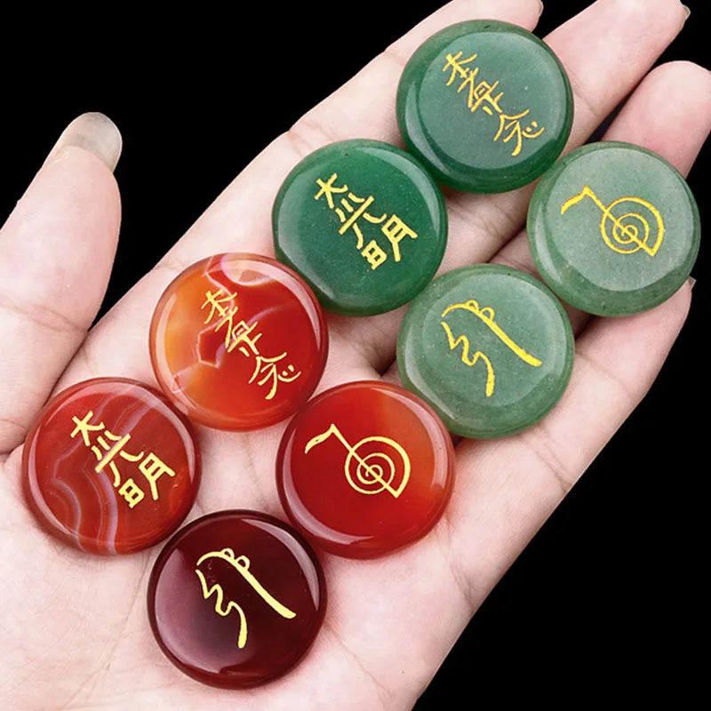 4Pcs Natural Lapis Lazuli Stones Engraved Chakra Symbols Polished Palm Stones for Reiki Crystal Healing Balancing