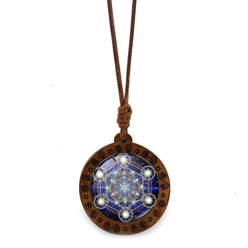 Vintage Archangel Metatron Cube Wooden Necklace Sacred Geometry Hexagram Sri Yantra Amulet Jewelry