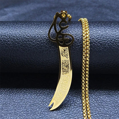 Imam Ali Arabic Sword Stainless Steel Necklaces for Men Gold Color Zulfiqar Necklace Jewelry collares largos N2657S01