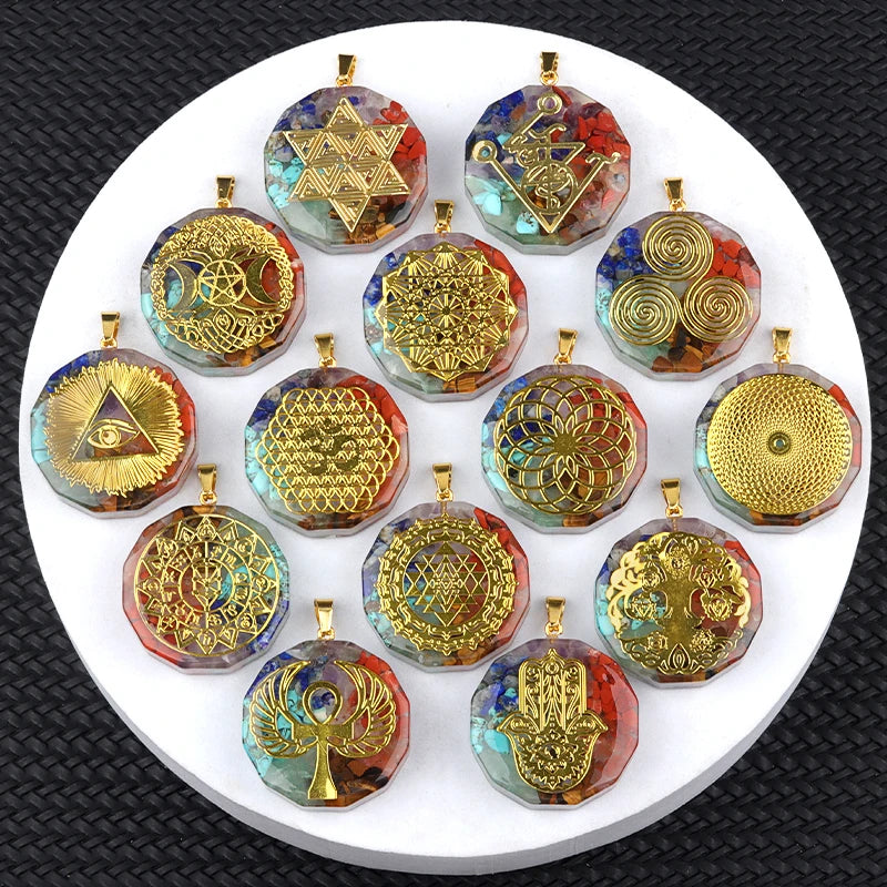35mm Hexagon Shape 7 Chakra Orgonite Energy Pendant Healing Energy Crystal Beads for Yoga Meditation Spiritual Amulet Orgonite