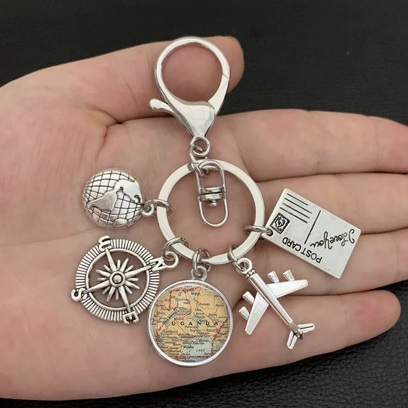 New ideas Earth plane keychain pendant earth compass personality memorial key ring gift for travel lovers