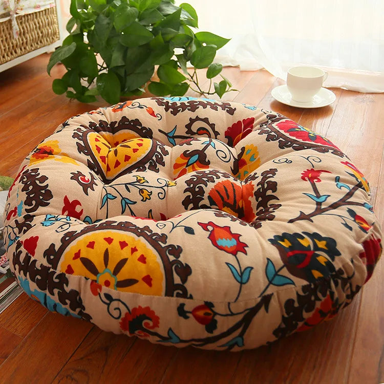 Thickened Round Cushion Cotton Linen Futon Bay Window Mat Tatami Cushion Ethnic Fabric Worship Mat Teahouse Yoga Floor Cushion