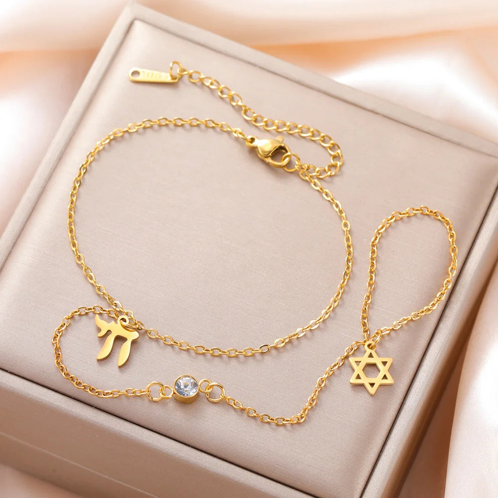 Dawapara Star of David and Chai Bracelet Hand Chain Jewish Hexagram Good Luck Judaica Jewelry Stainless Steel Jewelry