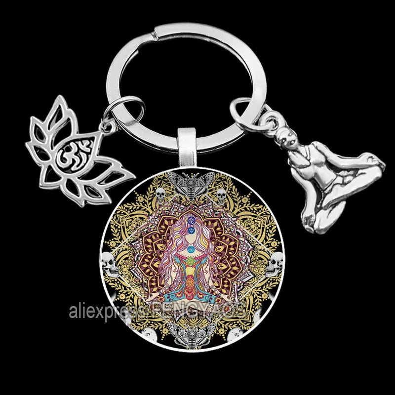 2023 Indian Buddha Meditation 7 Chakra Mandala Key Holder for Keys Psychedelic Yoga Keychain Ornament