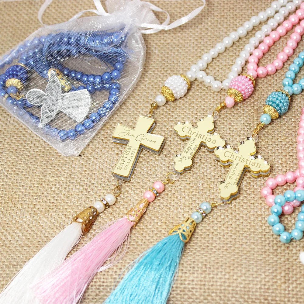12Pcs Personalized Baptism Rosary Favors,Henna Party Favors,Cross First Holly Communion Rosary Keepsakes,Christening Guest Favor