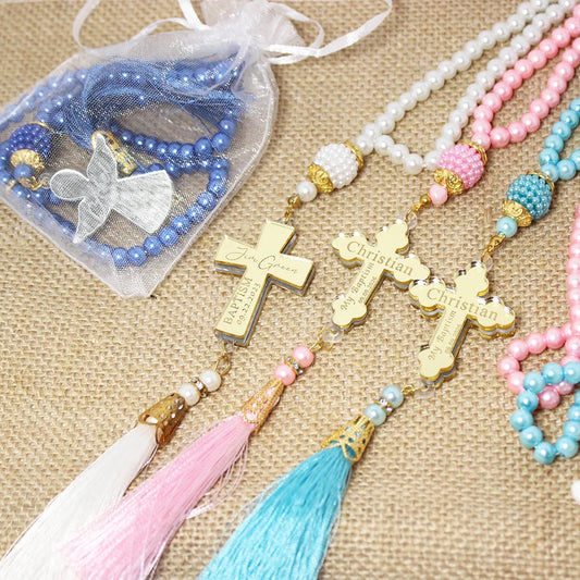 12Pcs Personalized Baptism Rosary Favors,Henna Party Favors,Cross First Holly Communion Rosary Keepsakes,Christening Guest Favor