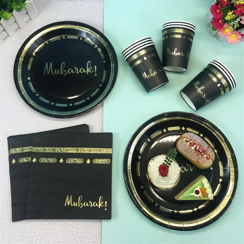 Black Gold Umrah Mubarak Disposable Paper Plates Cups Napkins Banner Home Eid Mubarak Islamic Muslim Party Ramadan Table Supplie