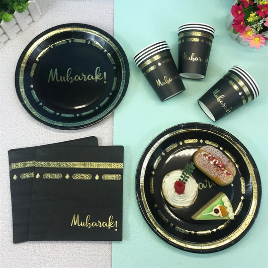 Black Gold Umrah Mubarak Disposable Paper Plates Cups Napkins Banner Home Eid Mubarak Islamic Muslim Party Ramadan Table Supplie