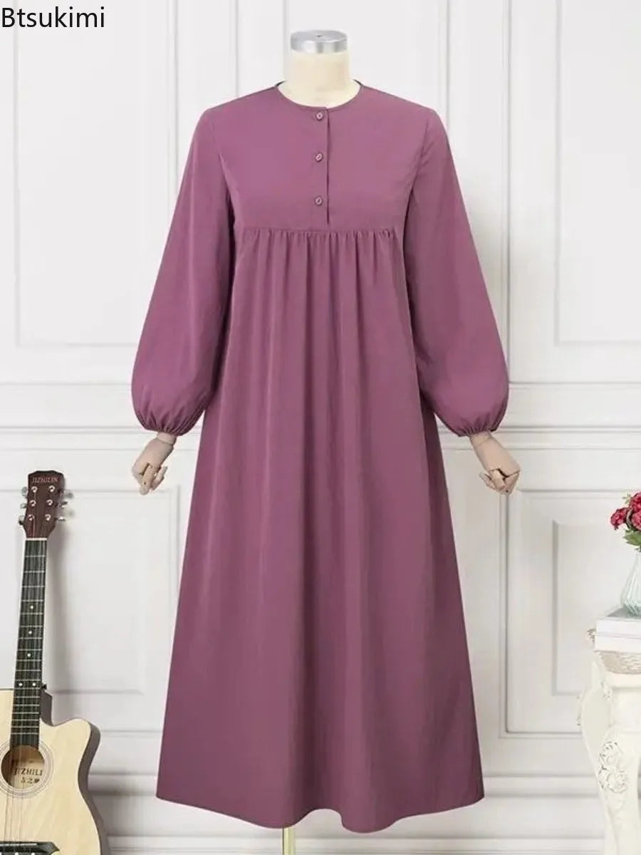 Casual Puffed Sleeve Maxi Dresses for Women Simple Loose Solid Muslim Dresses Fashion Kaftan Turkey Dubai Robe Elegant Vestidos