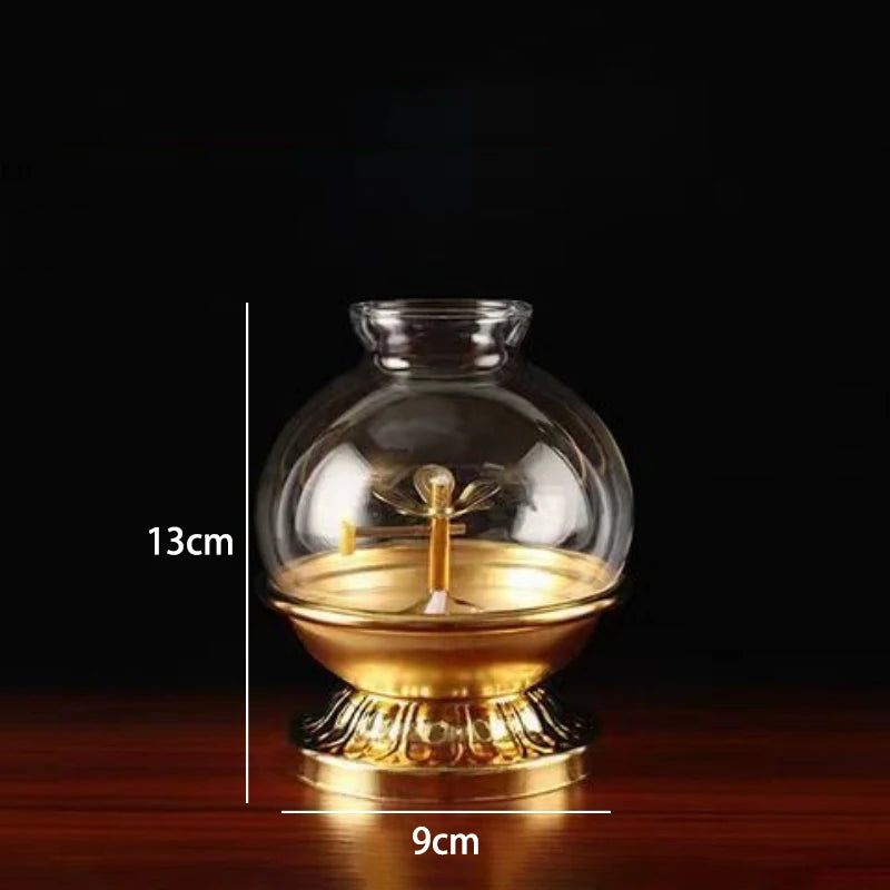 Golden Oil Lamp For Buddha With Glass Windproof Cover,Metal Buddhist Lantern Burner,Religious Candlestick Item