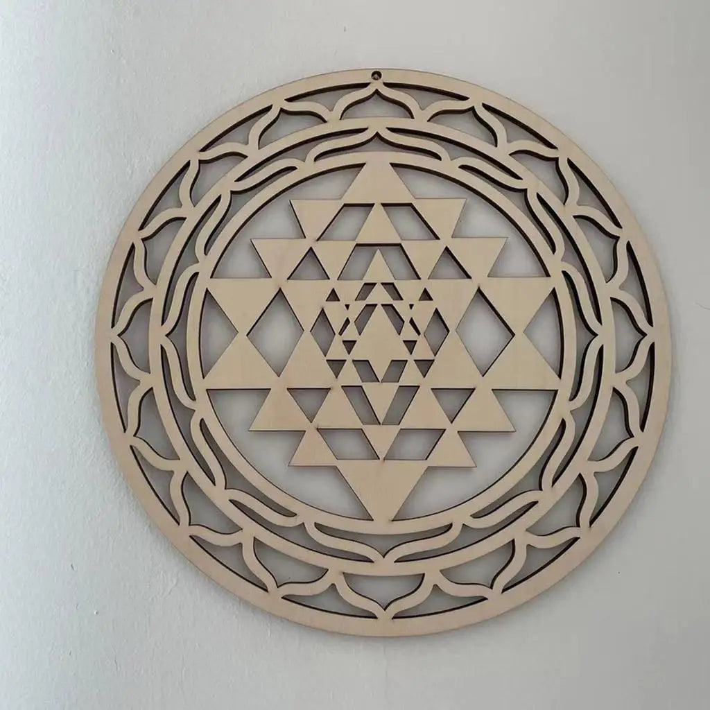 Sri Yantra Wall Decor Wood Wall Sculpture Sacred Geometry Crystal for Meditation