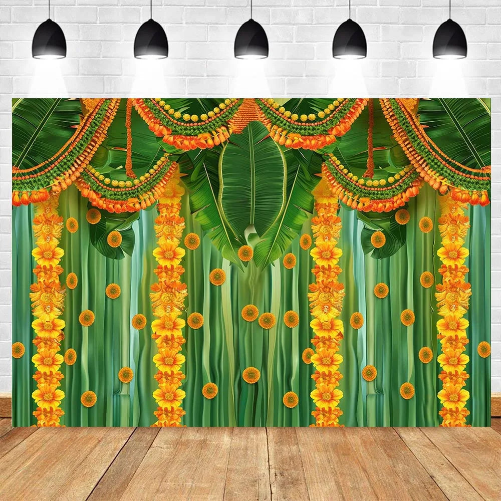 Indian Traditional Photography Background Marigold Green Leaf Hindu Indian Wedding Holi Flowers Garland Anniversary Backdrops