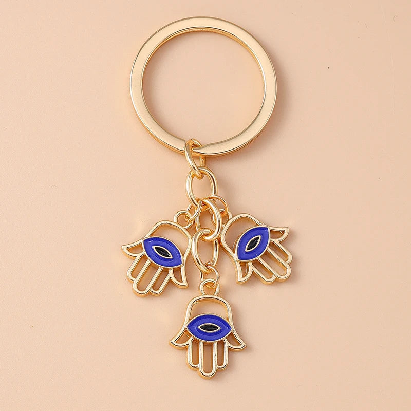 Retro Alloy Turkish Lucky  Evil Eyes Keychain Hamsa Hand Key Ring Pendant for Women Girls Handbag Decor DIY Jewelry Gifts