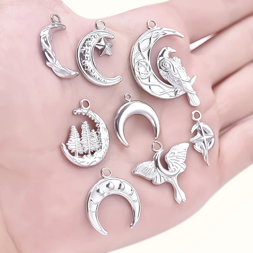 100% Stainless Steel Moon Pendants For Jewelry Making Supplies Various Luna Animal Wings Sun Star Eye Charms In Bulk Accessories