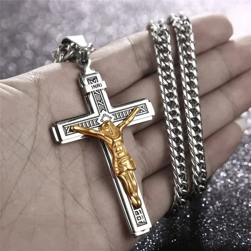 Men and Women New Retro Personality Creative Design Jesus Cross Amulet Pendant Rock Casual Gift Catholic Christian Necklace