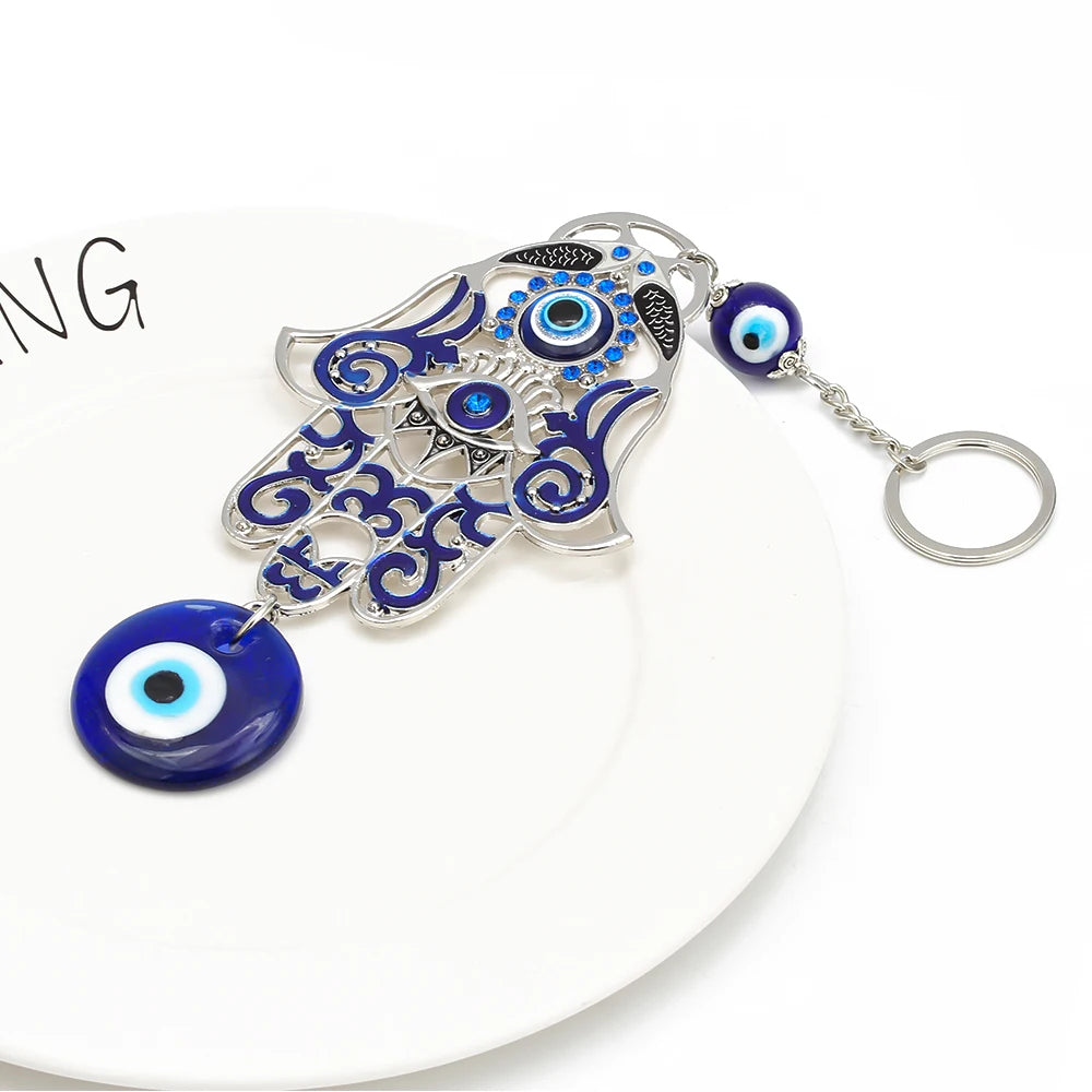 Lucky Eye Alloy Fatima Hamsa Hand Wall Hanging Glass Turkish Evil Eye Keychain Car Keyring for Women Men pulseras bijoux צמידים