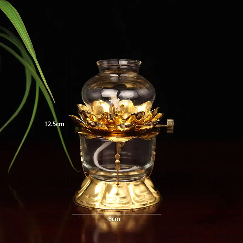 Golden Oil Lamp For Buddhist With Glass Windproof Cover Religious Items Home Alter Prayer Buddha Decoration
