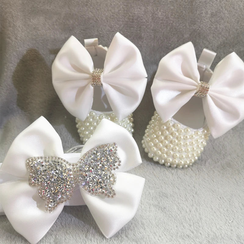 Dollbling Handmade White Pearls Bling Rhinestone Baby Crib Shoes Christening Outfit Wedding Sparkle Organza Baptism 0-3m Shoes