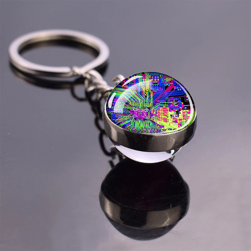 Circuit Board Pattern Keychains Double Sided Glass Ball Pendant Key Chains Computer Geek Keyring Creative Fashion Jewelry Gifts