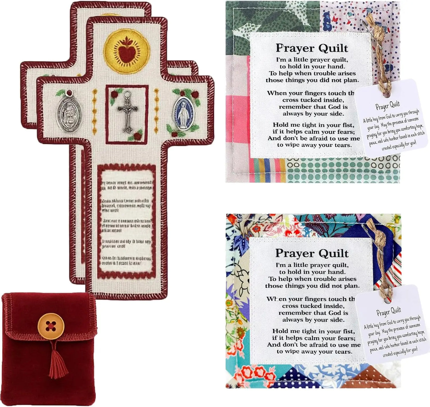 Christian Embroidered Cloth Scripture Prayer Quilt  with Religious Medals, Handmade Portable Catholic Devotional Rosary Pouch