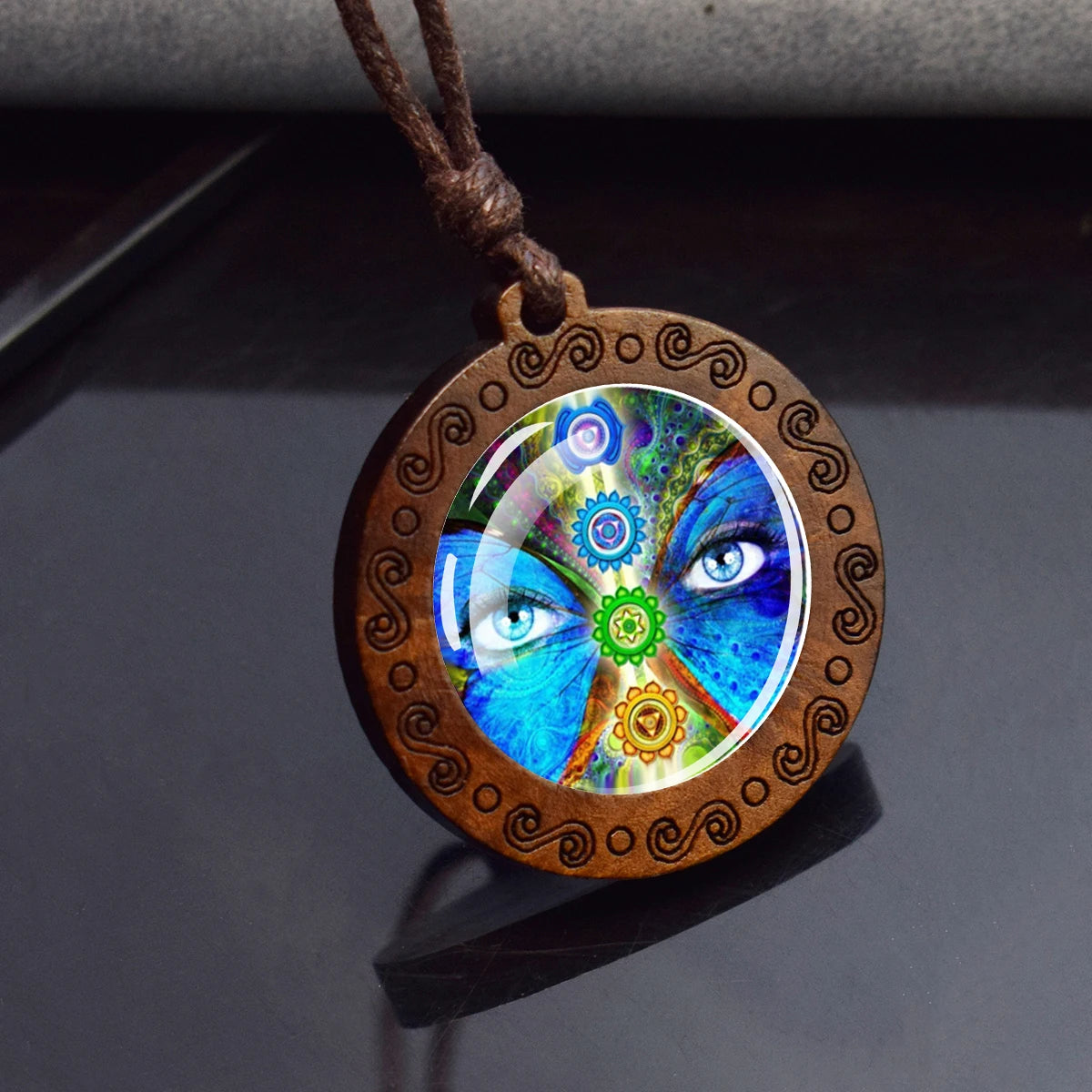 7 Chakra Glass Necklace Wood Pendant Meditation Healing Jewelry Indian Yoga Gift