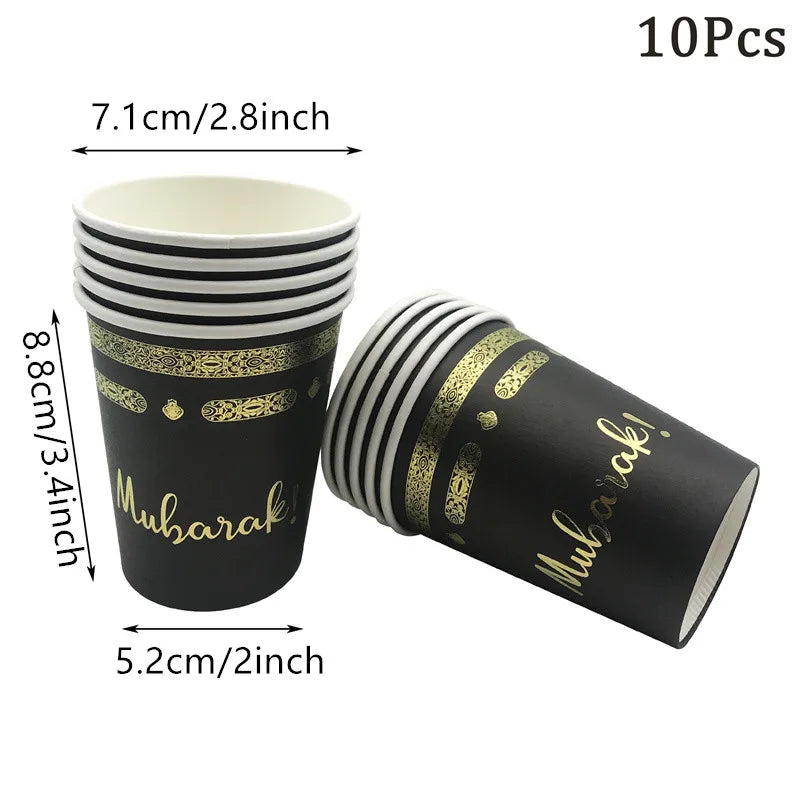 Black Gold Umrah Mubarak Disposable Paper Plates Cups Napkins Banner Home Eid Mubarak Islamic Muslim Party Ramadan Table Supplie