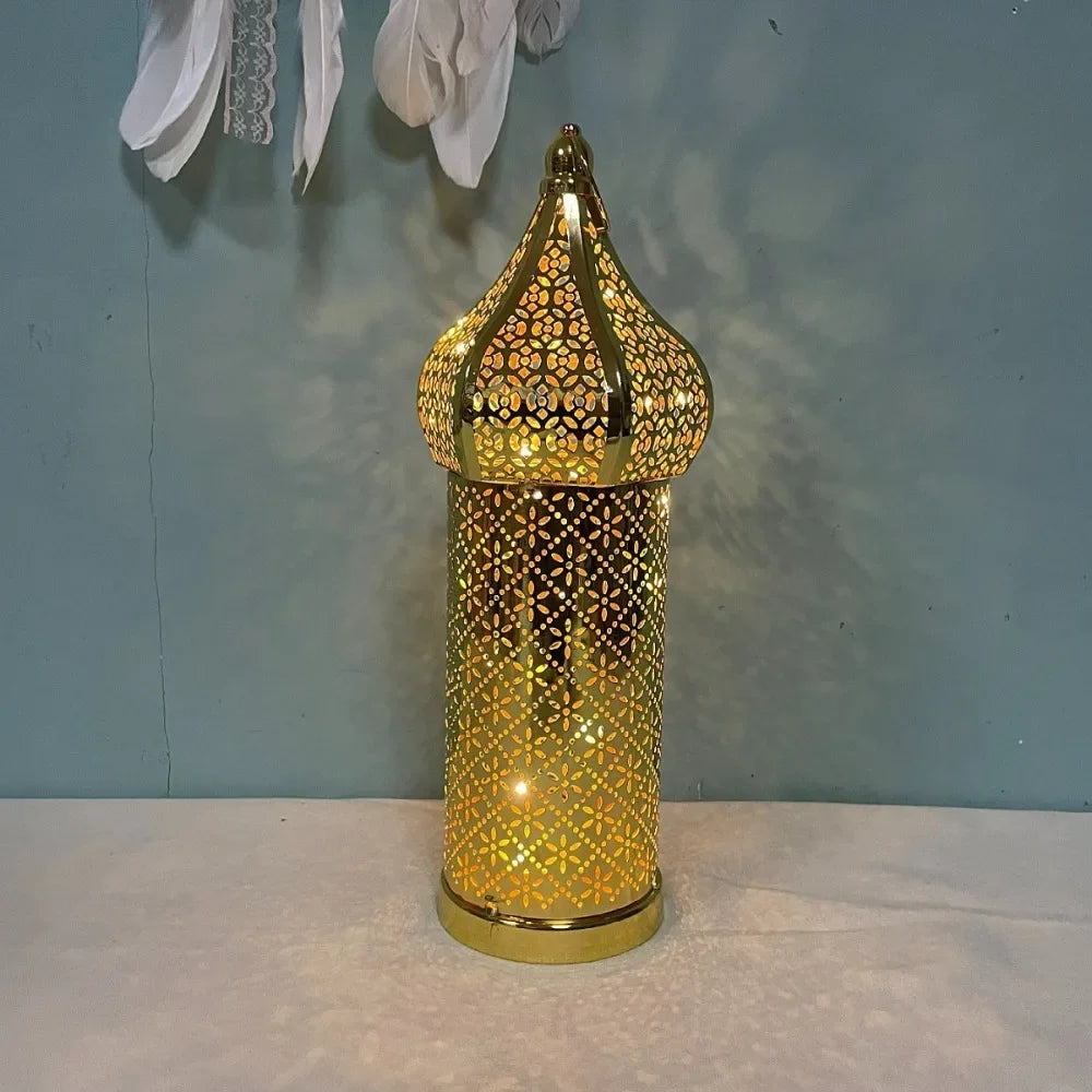 Home Ornament Iron Art Moroccan Night Light Hollow Battery Powered Ramadan LED Light Vintage Masjid Lantern Mosque